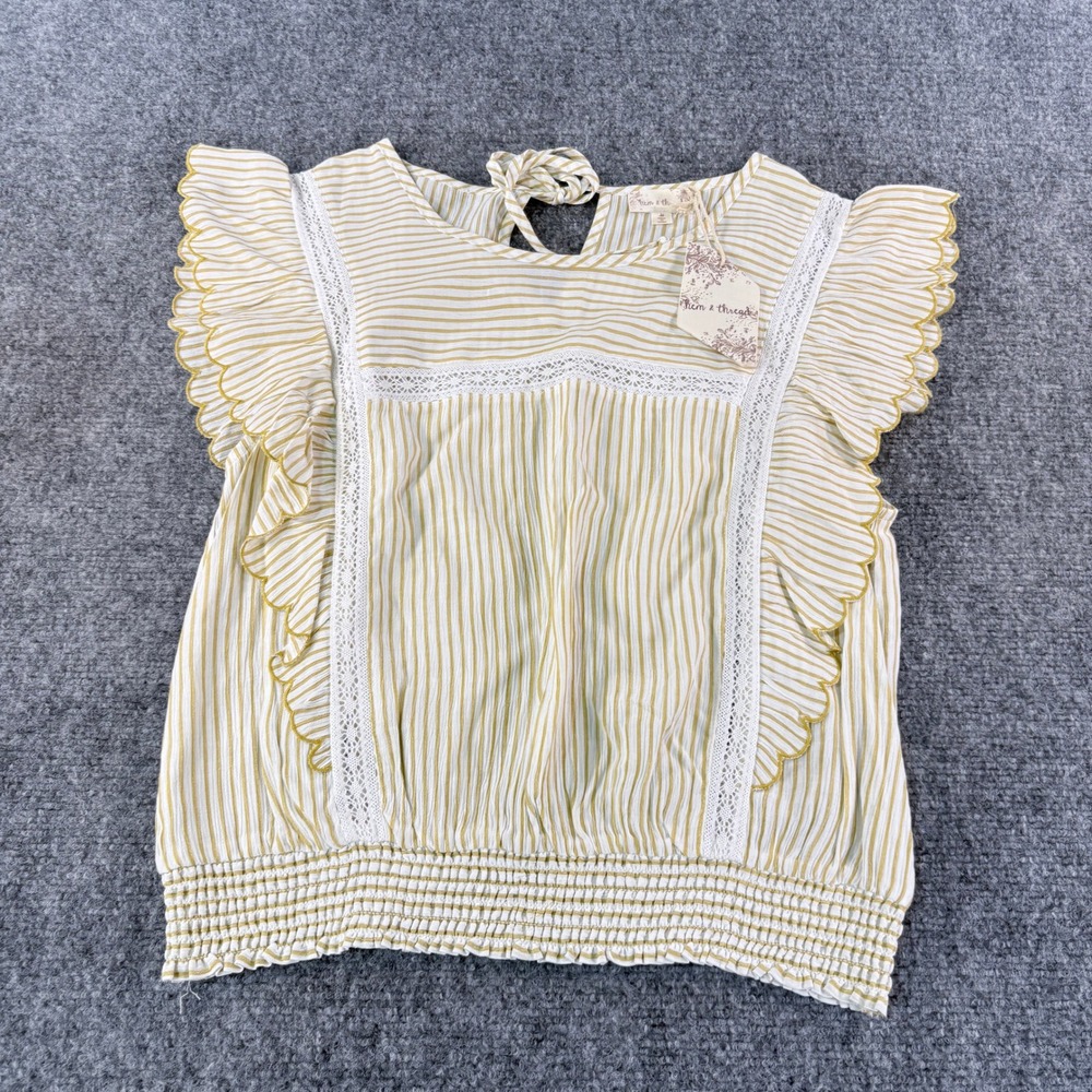Hem & Thread Boho Mustard Yellow Striped Lace Trim Smocked Flutter Sleeve M
